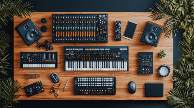 An overhead view of a modern music production setup showcasing various equipment including keyboards, mixers, and speakers on a wooden table.