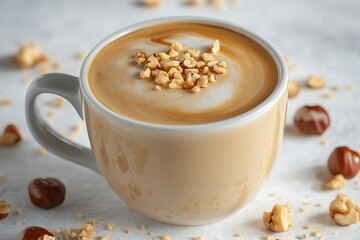 A silky caramel hazelnut latte with a touch of vanilla syrup and a sprinkle of crushed hazelnuts.