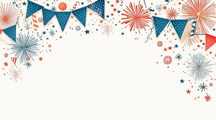 Obraz premium Colorful festive background featuring decorative banners, fireworks, and stars, perfect for celebration invitations or party announcements.