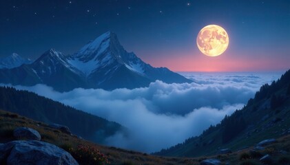 Glittering fog settles on moonlit mountain peaks with twinkling starlight, sparkle, landscapes, starlight