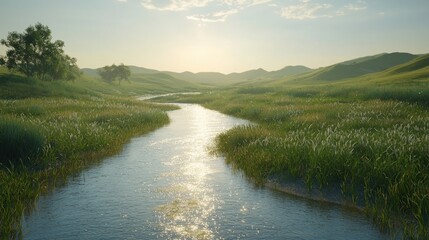 Fototapeta premium A river runs through a grassy field with a tree in the foreground