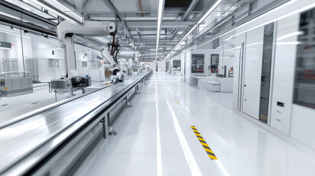 Robotic arms working in modern high-tech factory processing line