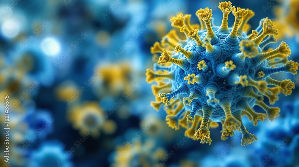 Aufkleber a close-up view of a virus particle, likely a coronavirus, with a blue background and yellow spikes 