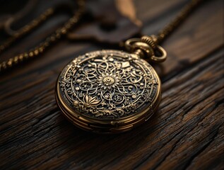 a close-up of a vintage pocket watch with intricate floral designs on its face, resting on a wooden surface.