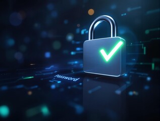 a digital security concept with a metallic padlock icon and a green checkmark, symbolizing a secure connection or verified status. The background is a dark, technology-themed environment with bokeh li