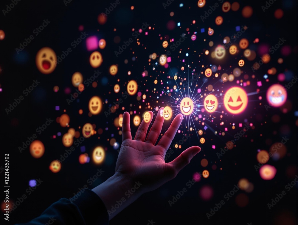 Poster a hand reaching out towards a cloud of colorful emojis, creating a vibrant and interactive visual effect.