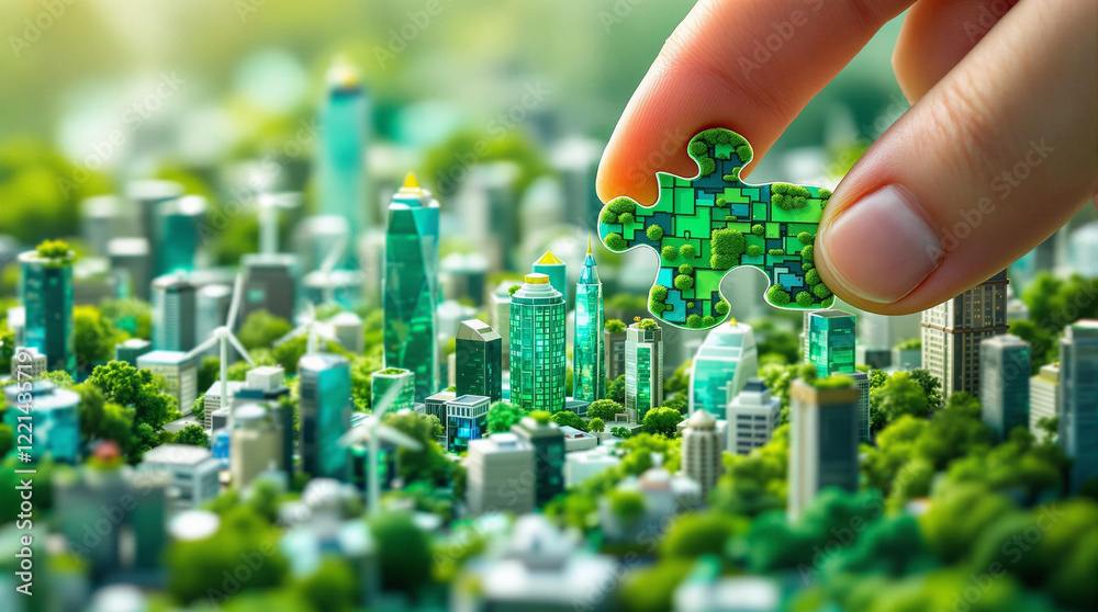 Poster a hand placing a green block onto a model of a cityscape with buildings and trees. the background is