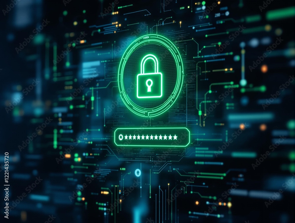 Aufkleber a digital representation of a lock with a green glow, situated against a background filled with gree