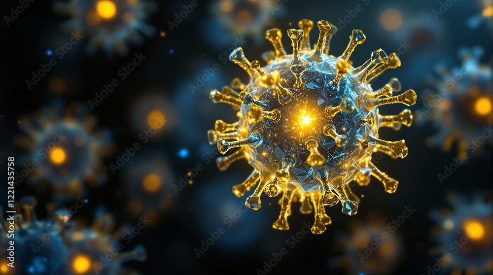 Poster a 3D rendering of a virus particle with a glowing appearance against a dark background, giving it an ominous and dramatic look.