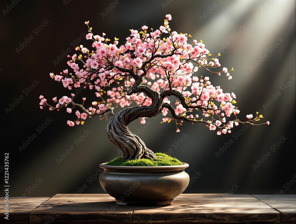 Poster A bonsai tree with pink flowers is displayed on a table, casting a warm glow from behind, creating a serene and captivating scene.