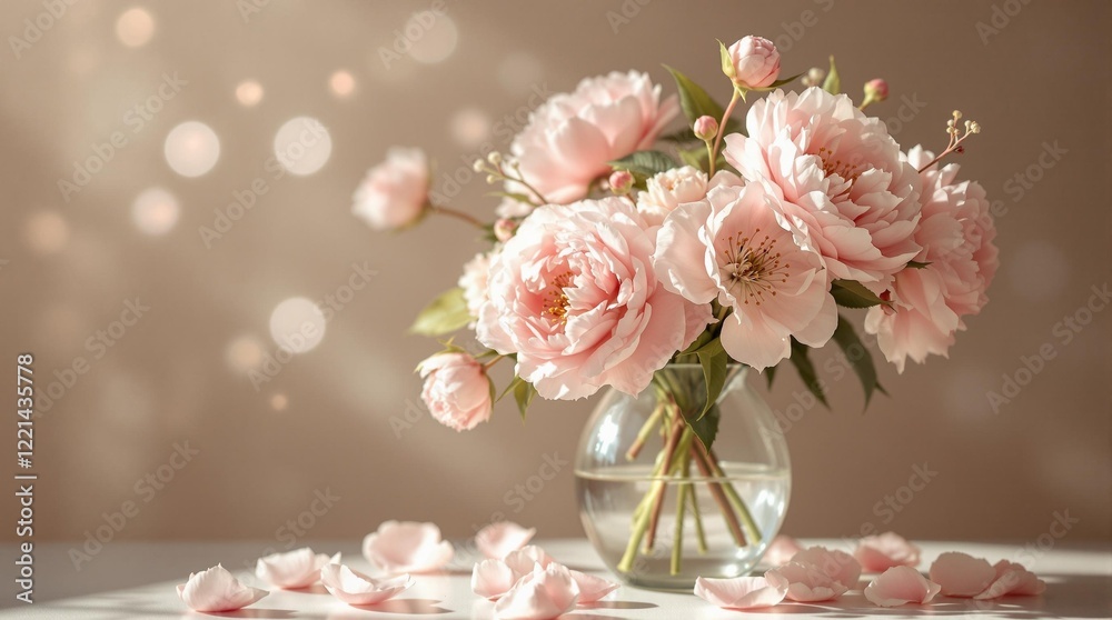 Poster a glass vase with pink flowers inside, placed on a table. the background is blurred with bokeh light