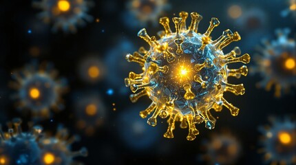 Obraz premium a 3D rendering of a virus particle with a glowing appearance against a dark background, giving it an ominous and dramatic look.