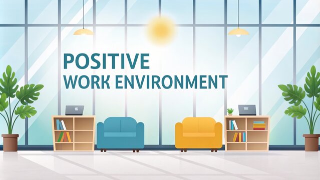 Bright and Welcoming Positive Work Environment - A bright and welcoming workspace with modern furniture and plants symbolizing creativity, collaboration, comfort, productivity, and positivity.