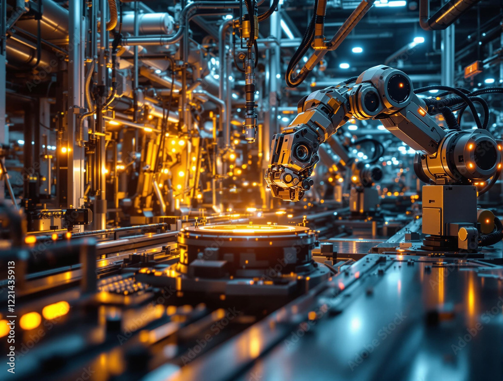 Aufkleber a robotic arm in a high-tech industrial setting, possibly performing a manufacturing or assembly tas