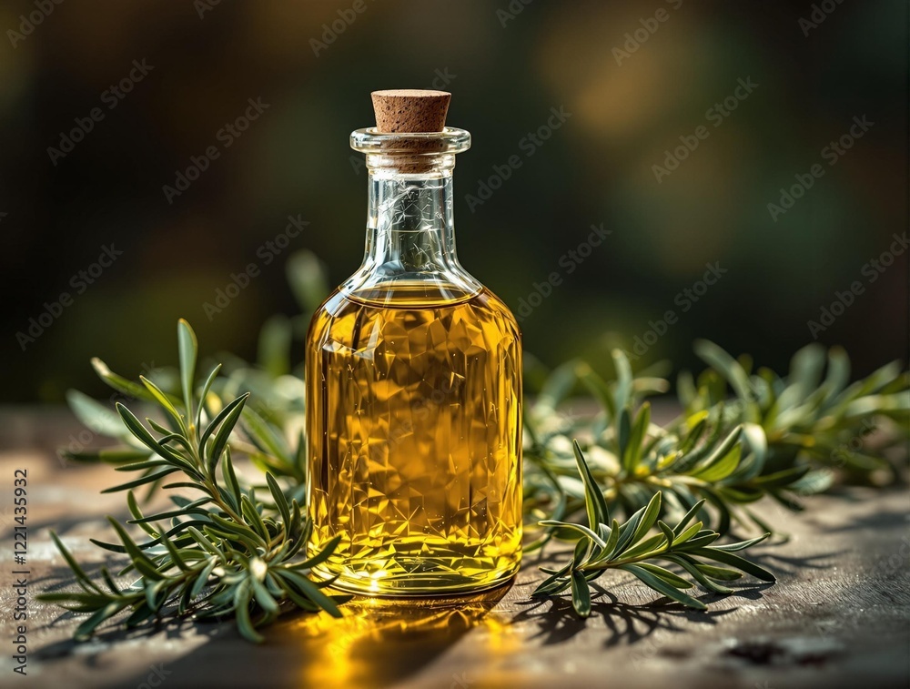 Poster an amber-colored bottle of olive oil sits on a wooden surface, surrounded by rosemary sprigs. the ba