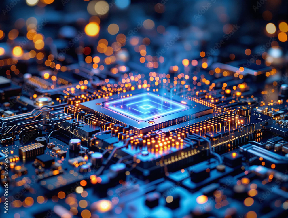 Poster a close-up view of a computer processor, with a blue and orange glow emanating from its surface, creating a visually striking and futuristic look.