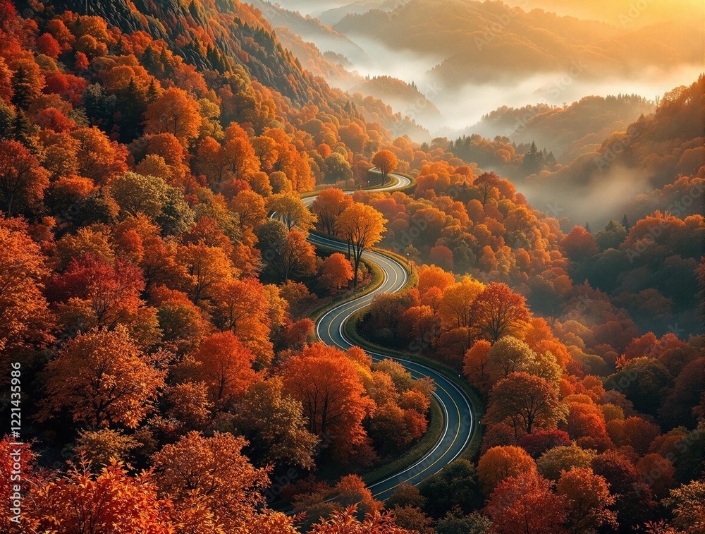 Poster a winding road cutting through a vibrant, autumn forest with colorful trees and a hazy sky.