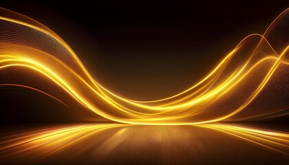 Neon Wave abstract background, Isolated on a dark background, Gold Neon wave with glow, Technology, network, internet concept, Empty Table
