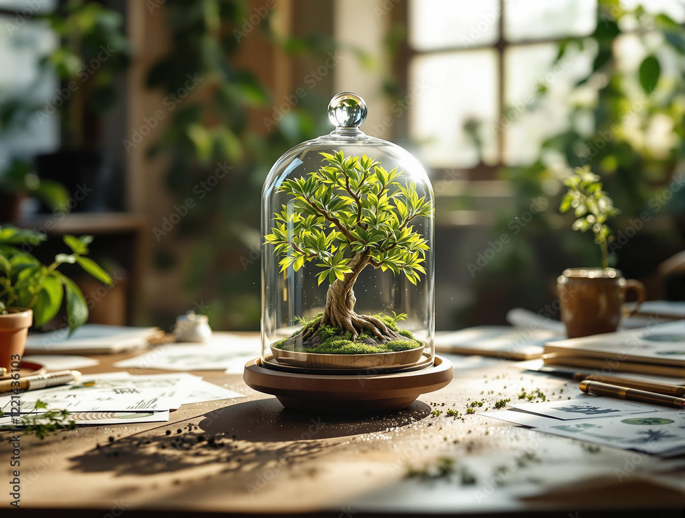 Aufkleber a small tree encased in a glass dome with a wooden base, placed on a table surrounded by various plants. The background features a window with sunlight streaming in, creating a warm and serene atmosph
