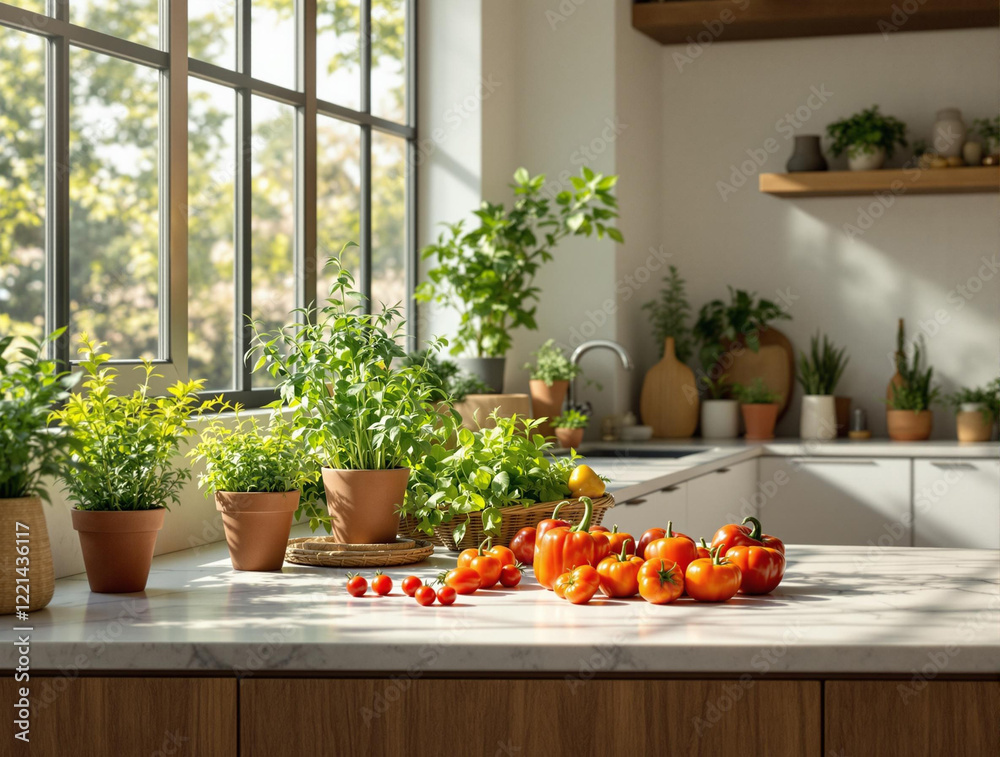 Poster a kitchen counter with several potted plants and a pile of ripe tomatoes. the background features a 