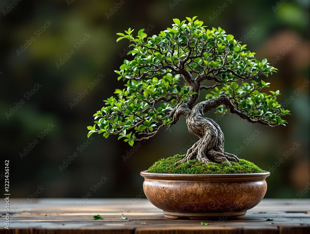 Poster a bonsai tree with dense green foliage, sitting in a pot on a wooden surface. the background is blur