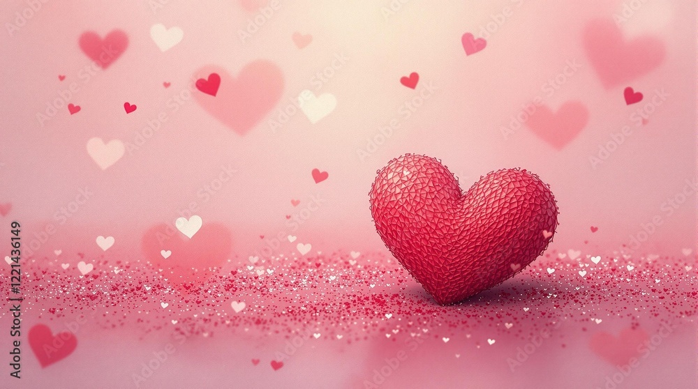 Poster a red heart with a sparkly texture, placed on a background filled with small, scattered pink hearts and glittery confetti, creating a festive and affectionate atmosphere.