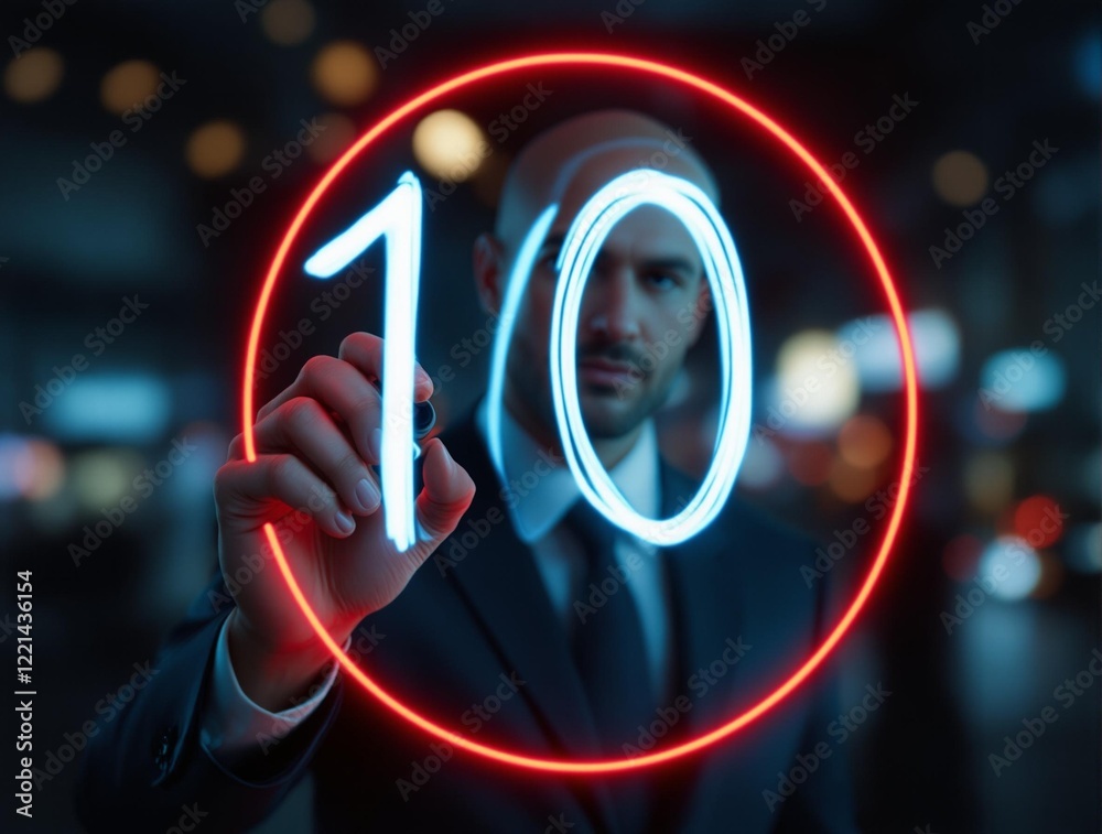 Poster a man is pointing at the number ten in a red circle.