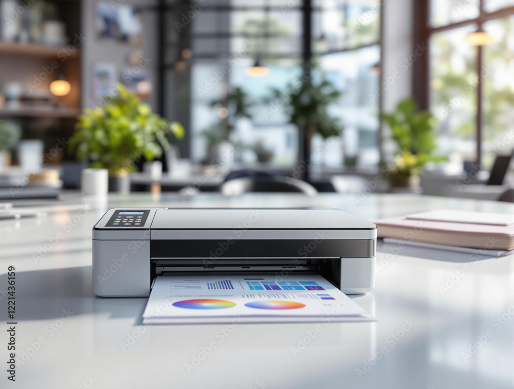 Poster a printer on a desk in a modern office setting. There is a colorful graph or chart printed on a piece of paper emerging from the printer.