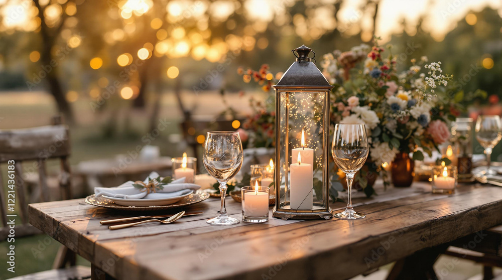 Poster a rustic outdoor dining setting with a wooden table, white plates, and candles in iron lanterns. the