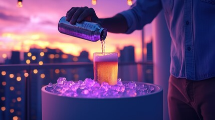 A man is pouring a drink into a glass with ice in a bowl
