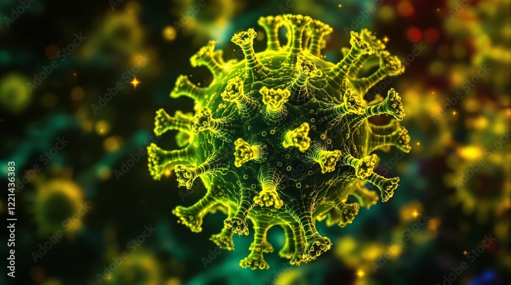 Poster an abstract representation of a virus, with a yellow and green color scheme against a blurred, glowing background. The design is stylized and artistic, giving the appearance of a digital or computer-g