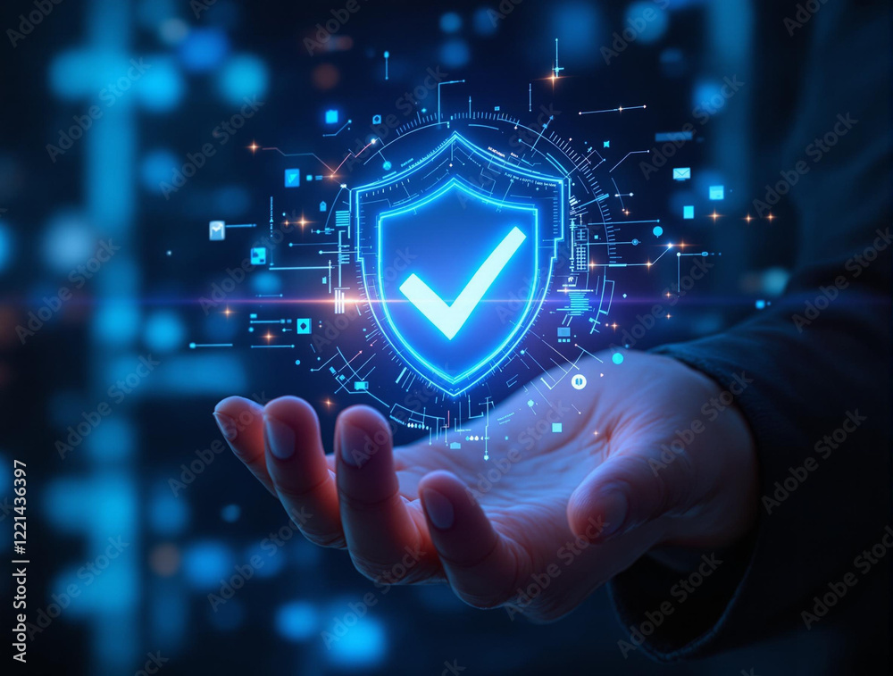 Poster a hand holding a holographic shield with a checkmark, symbolizing security and protection. the backg
