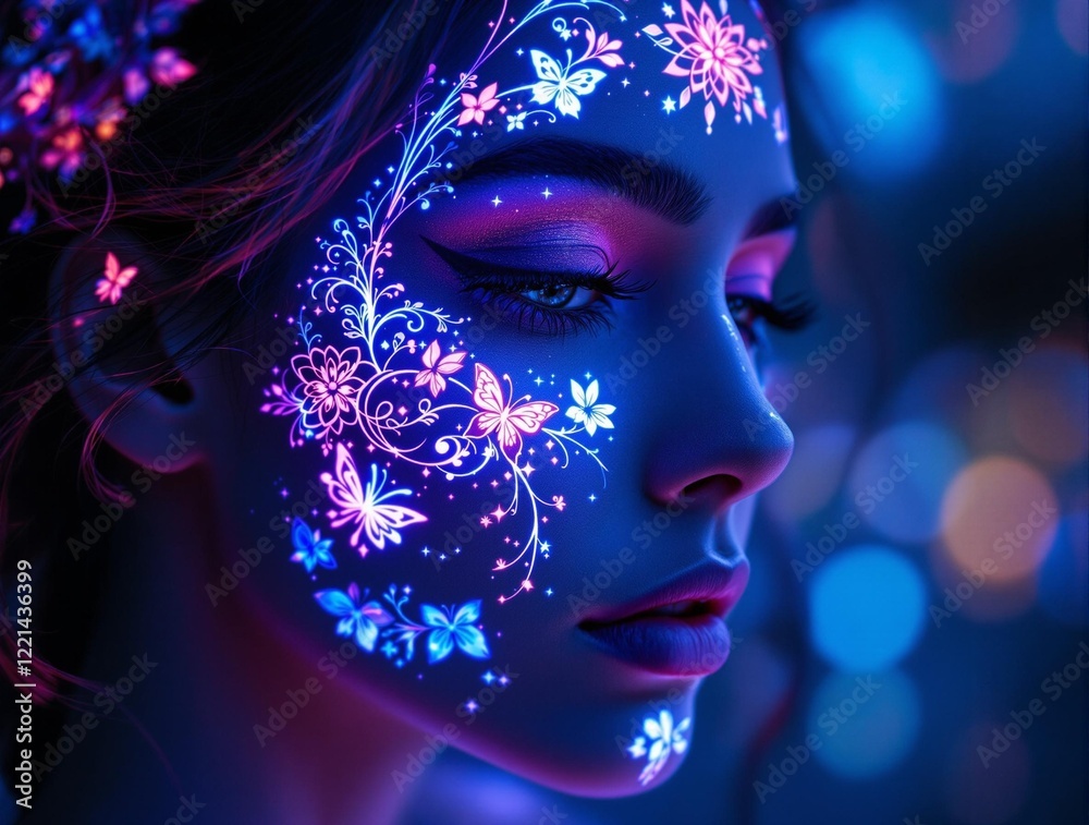 Poster a close-up of a woman's face with neon blue and pink lights illuminating her skin, creating a vibran