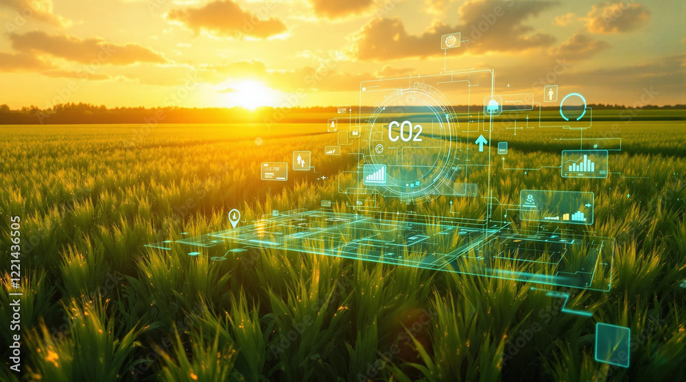 Poster a green field with a laptop computer on it, surrounded by greenery and a bright sunset in the background. There are also some digital elements overlaid on the image, including a grid and some icons.