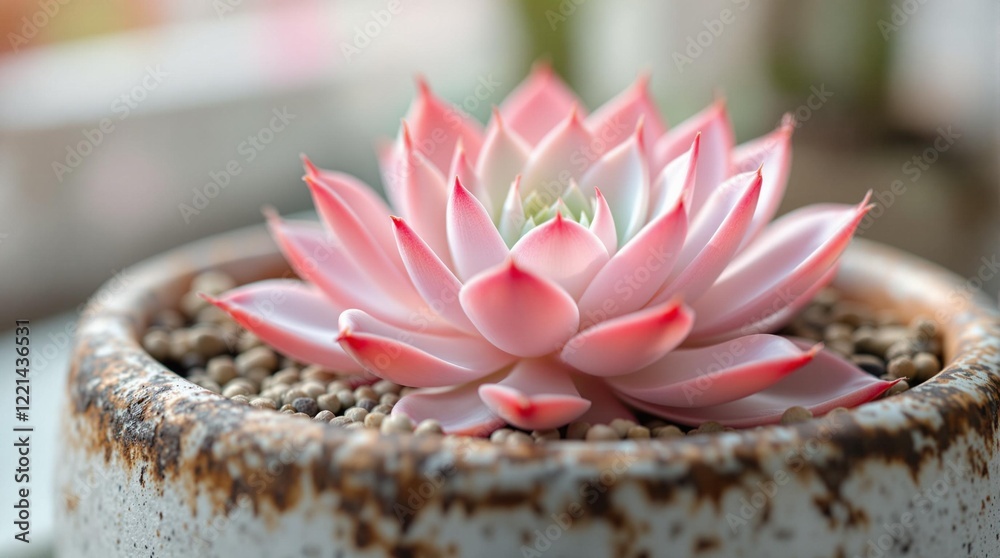 Poster a succulent plant in a flowerpot with a textured design. the plant has rosettes of fleshy leaves and
