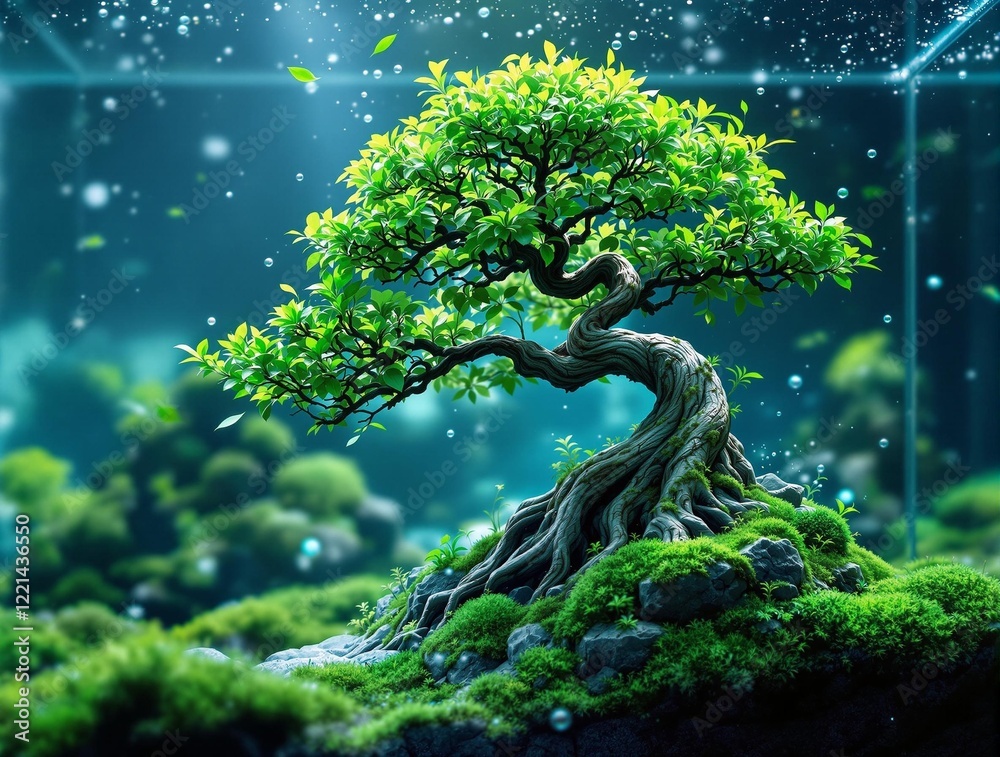 Poster a bonsai tree with green leaves and roots, placed within a glass enclosure filled with moss. the sur