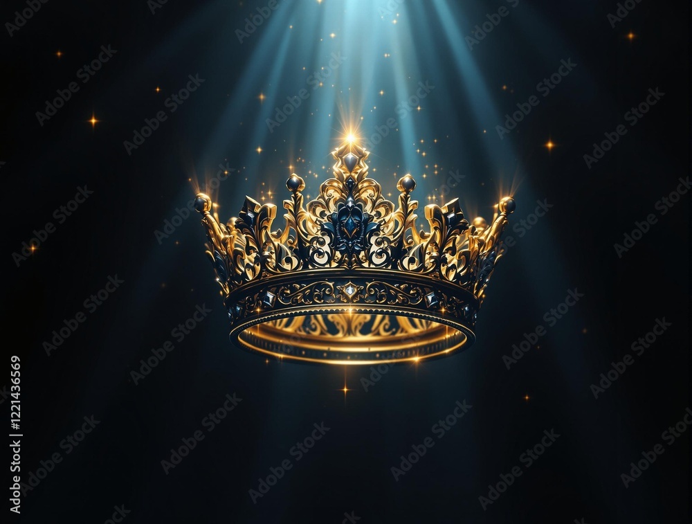 Poster a crown with a gold and black design, with a light beam shining through it, creating a radiant effec