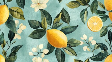 Seamless pattern of lemons with leaves and flowers in vintage style for nature-inspired designs and decorations