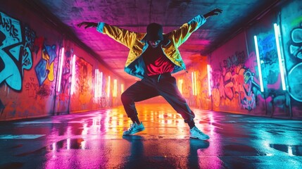 A man is dancing in a neon colored tunnel with graffiti on the walls