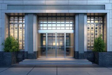 A sleek art deco office building with glass block windows, clean stone surfaces, and metallic accents
