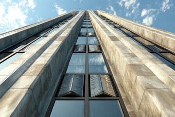 A sleek art deco tower with a combination of polished stone, glass windows, and angular architectural elements