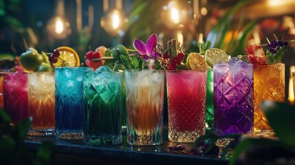 A row of colorful cocktails with a variety of flavors and garnishes
