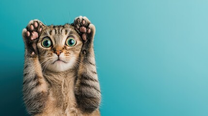 A cat with its paws up and eyes wide open, looking at the camera