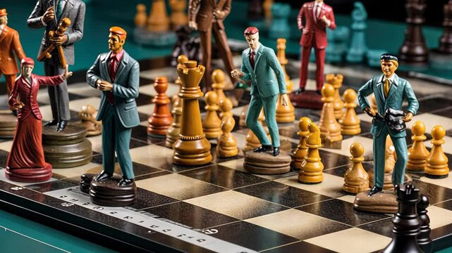 Business-themed chessboard with unique pieces representing various professions and stylishly dressed characters engaged in a strategic game on a green tabletop