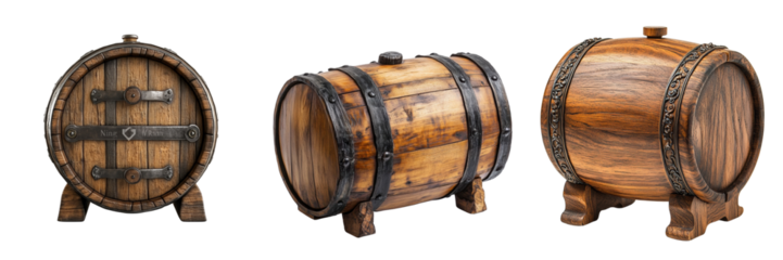 A Set of Rustic Wooden Barrels with Iron Hoops Isolated on Transparent Background