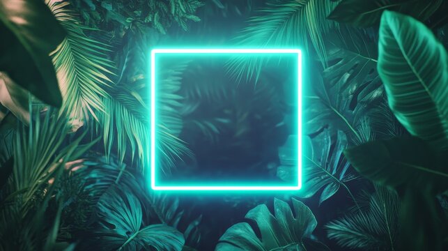 Green Leaves Create a Vibrant Background With a Glowing Neon Frame Ready for Custom Text at a Tropical-Themed Event or Digital Design Project - Powered by Adobe