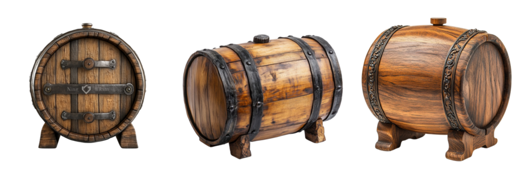 A Set of Rustic Wooden Barrels with Iron Hoops Isolated on Transparent Background