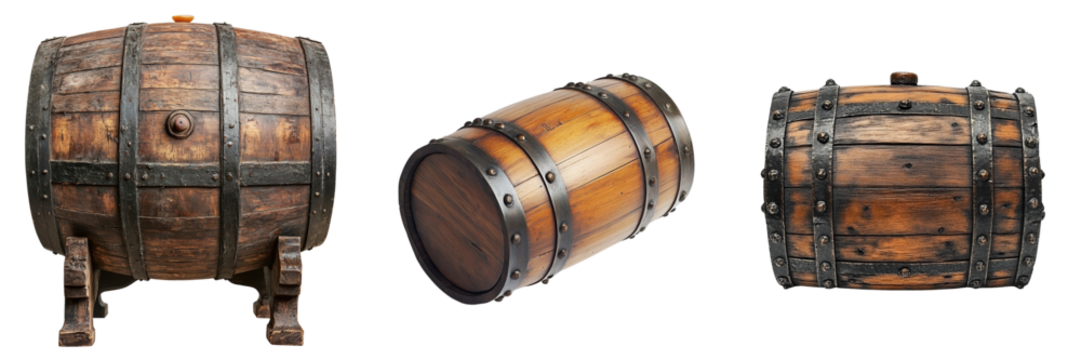 A Set of Classic Wooden Barrels with Rustic Iron Hoops Isolated on Transparent Background