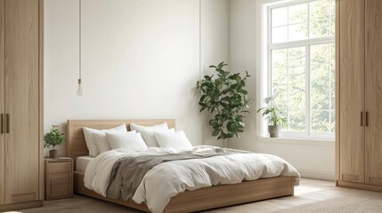 Fototapeta premium A bedroom with a wooden bed frame and a white comforter