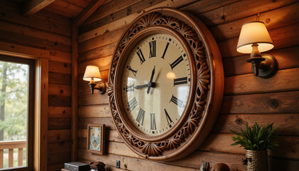 Wooden wall clock in cozy cabin interior, Day of Pi
